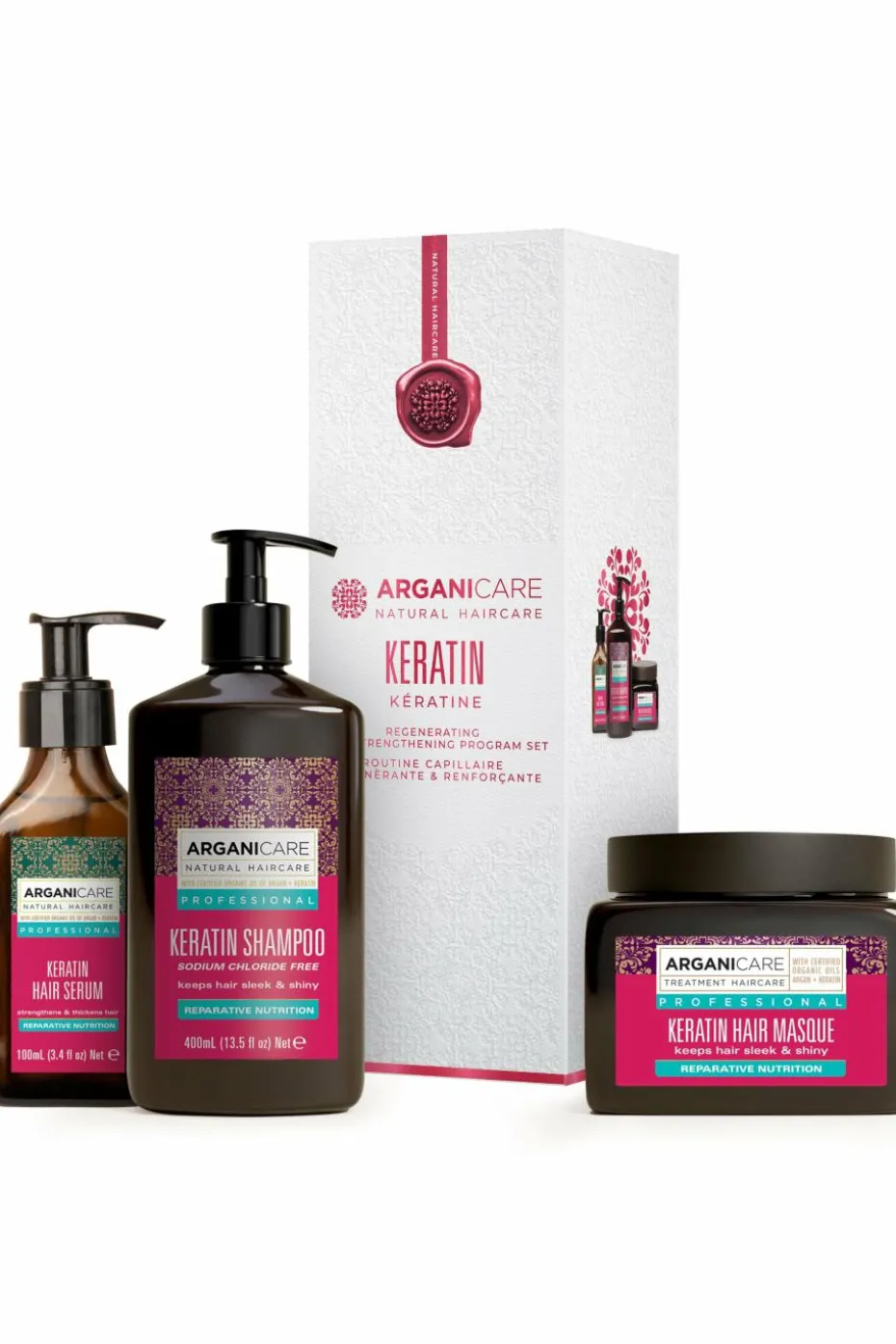 Trio shampoing, masque et sérum réparateurs à la kératine